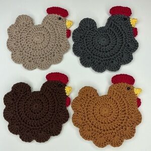 Chicken Cup Mug Coasters Set of 4 Handcrafted Crochet Handmade by Seller Cotton